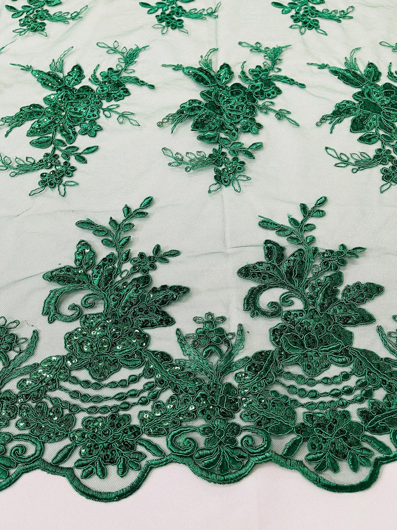 Floral Plant Lace Fabric - Hunter Green - Flower Plant Design Lace Sequins Fabric Sold By Yard