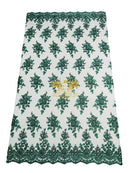 Floral Beaded Fabric - Hunter Green - Embroidered Beaded Flowers Cluster Design on a Mesh Sold By Yard