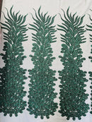 3D Beaded Peacock Feathers - Hunter Green - Vegas Design Embroidered Sequins and Beads On a Mesh Lace Fabric (Choose The Panels)
