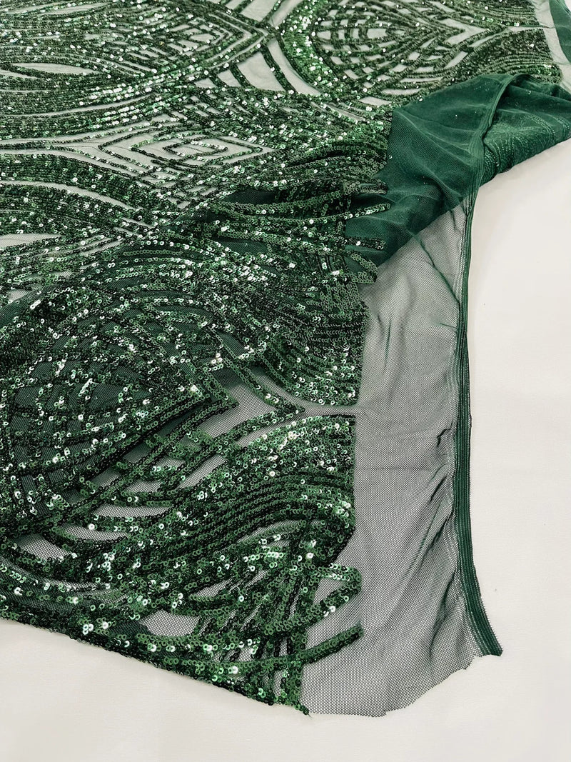 Long Wavy Pattern Sequins - Hunter Green - 4 Way Stretch Sequins Fabric Line Design By Yard