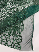 Elegant Floral Leaf Design - Hunter Green - 4 Way Stretch Sequins Lace Spandex Fabric By Yard