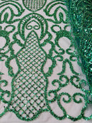 Beaded Fashion Design Fabric - Hunter Green - Beaded Embroidered Damask Style Fabric on Mesh By Yard