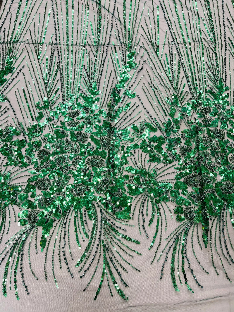 Beaded Floral Line Fabric - Hunter Green - Beaded Embroidered Lines and Flowers on Mesh By Yard
