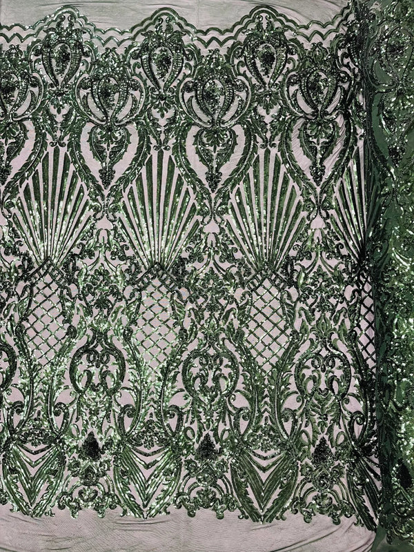 Damask Geometric Sequins - Hunter Green - 4 Way Stretch Sequins Damask Pattern Design Sold By Yard