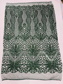 Elegant Floral Leaf Design - Hunter Green - 4 Way Stretch Sequins Lace Spandex Fabric By Yard