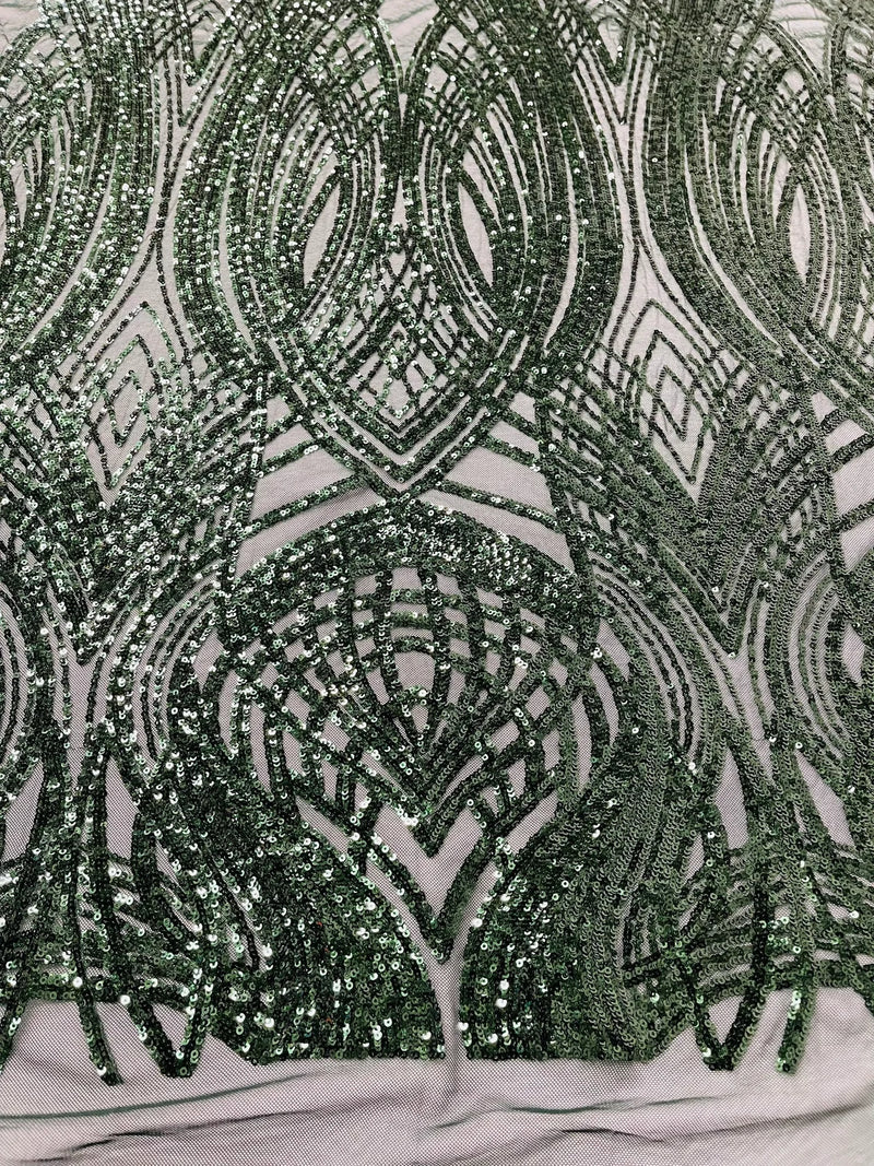Long Wavy Pattern Sequins - Hunter Green - 4 Way Stretch Sequins Fabric Line Design By Yard
