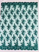 Lace Flower Cluster Fabric - Turquoise - Embroidered Flower With Sequins on a Mesh Lace Fabric By Yard