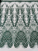 Heart & Feather Pattern Fabric - Hunter Green - Embroidered Elegant Design with Beads Mesh Fabric Sold By Yard