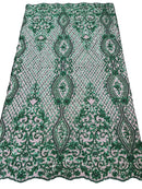 Bead Fashion Damask Fabric - Hunter Green - Beaded Sequins Geometric Design on Mesh Sold By Yard
