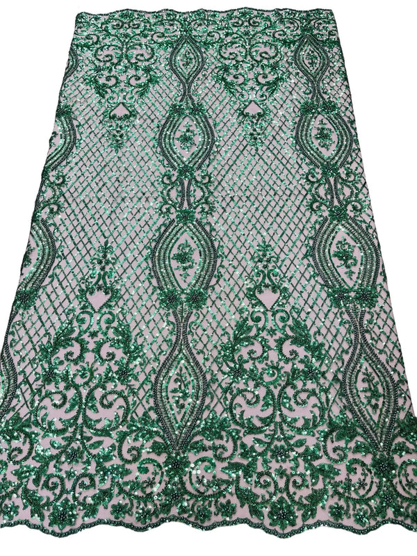 Bead Fashion Damask Fabric - Hunter Green - Beaded Sequins Geometric Design on Mesh Sold By Yard
