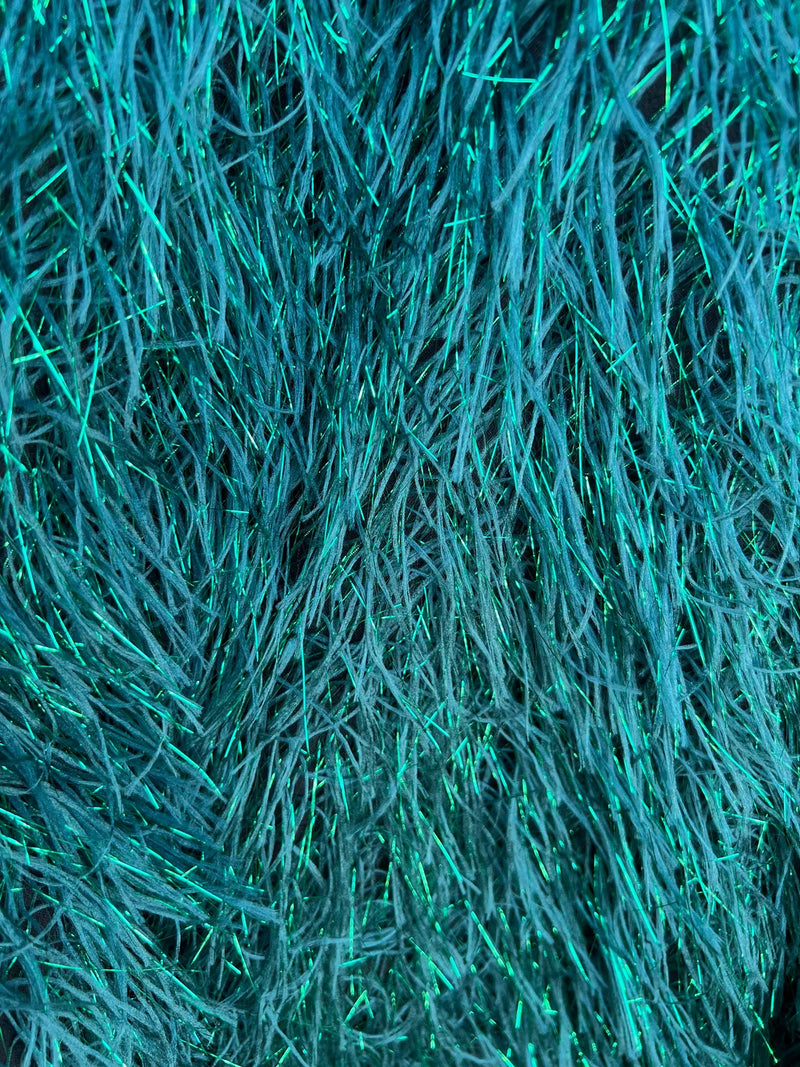 Metallic Eyelash Fabric - Hunter Green - Feather/Eyelash/Fringe Design on Mesh By Yard