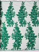 3D Rhinestone Rose Fabric - Hunter Green - Embroidered 3D Roses Design on Mesh Fabric Sold by Yard