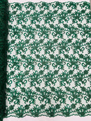 Small Flower Fabric - Hunter Green - Floral Plant Embroidered Design on Lace Mesh By Yard