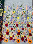 3D Floral and Leaves Embroidery - Hunter Green - Multi Color Flower Design on Mesh by Yard