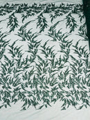 Leaf Plant Cluster Design Fabric - Hunter Green - Beaded Embroidered Leaves Design on Lace Mesh By Yard