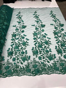3D Pearl Floral Fabric - Floral Design Embroidered on Mesh Lace Fabric - 25 Yard Roll