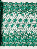 3D Floral Pearl Fabric - Hunter Green - 3D Triangle Flower Design on Mesh By Yard