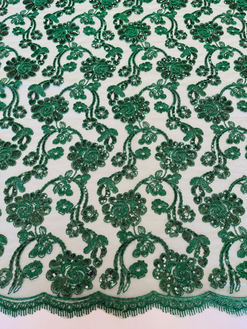 Embroidered Flower Lace - Hunter Green - Corded Floral Lace With Sequins Sold By Yard