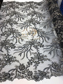 Beaded - Black - Fancy Flower Design Sequins Fabric with Beads Sold By The Yard