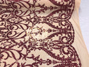 Two Tone Sequins - Burgundy / Nude - 4 Way Stretch Fancy Design Mesh Fabric Sold By The Yard