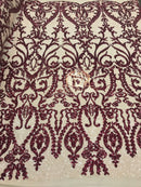 Two Tone Sequins - Burgundy / Nude - 4 Way Stretch Fancy Design Mesh Fabric Sold By The Yard