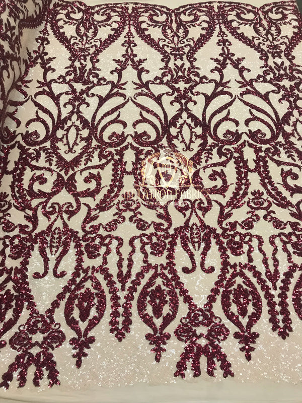 Two Tone Sequins - Burgundy / Nude - 4 Way Stretch Fancy Design Mesh Fabric Sold By The Yard