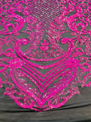 Hot Pink Sequins Fabric on Black Mesh, DAMASK Design Embroidered on a 4 way Stretch By The Yard