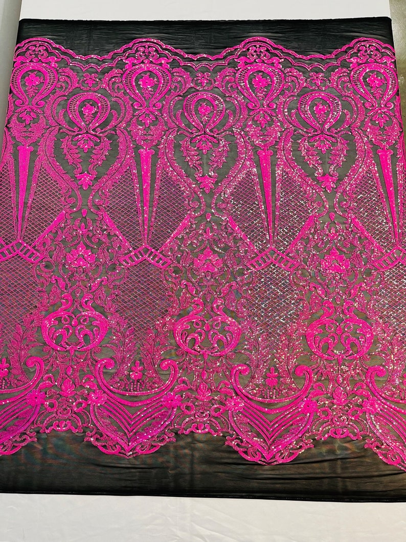 Hot Pink Sequins Fabric on Black Mesh, DAMASK Design Embroidered on a 4 way Stretch By The Yard