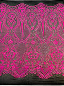 Hot Pink Sequins Fabric on Black Mesh, DAMASK Design Embroidered on a 4 way Stretch By The Yard