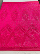 Hot Pink Sequins Fabric on a Mesh, GEOMETRIC Design 4 way Stretch By The Yard