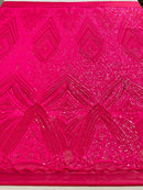Hot Pink Sequins Fabric on a Mesh, GEOMETRIC Design 4 way Stretch By The Yard
