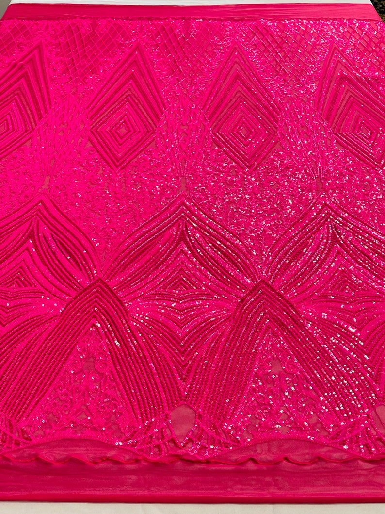 Hot Pink Sequins Fabric on a Mesh, GEOMETRIC Design 4 way Stretch By The Yard