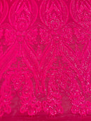 Big Damask Sequins Fabric - Hot Pink - 4 Way Stretch Damask Sequins Design Fabric By Yard