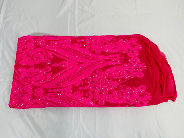 Big Damask Sequins Fabric - Hot Pink - 4 Way Stretch Damask Sequins Design Fabric By Yard