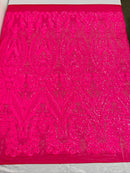 Big Damask Sequins Fabric - Hot Pink - 4 Way Stretch Damask Sequins Design Fabric By Yard