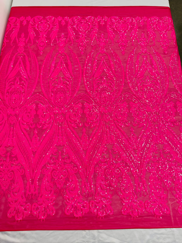 Big Damask Sequins Fabric - Hot Pink - 4 Way Stretch Damask Sequins Design Fabric By Yard