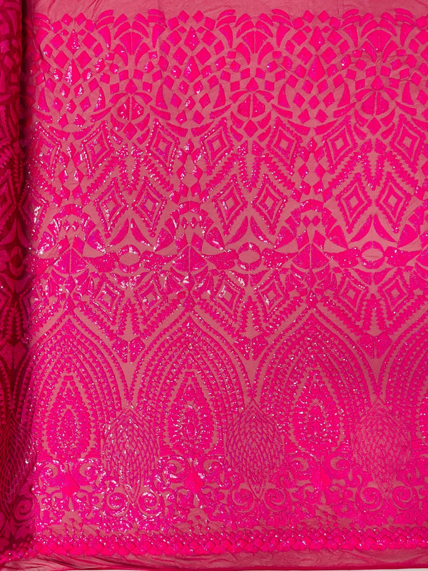 Geometric Pattern Sequins - Hot Pink - 4 Way Stretch Colorful Shine Designer Sequins By Yard