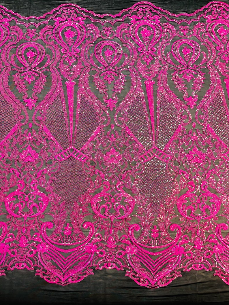 Hot Pink Sequins Fabric on Black Mesh, DAMASK Design Embroidered on a 4 way Stretch By The Yard