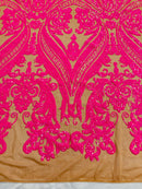 Big Damask Sequins Fabric - Hot Pink on Dark Nude - 4 Way Stretch Damask Sequins Design Fabric By Yard