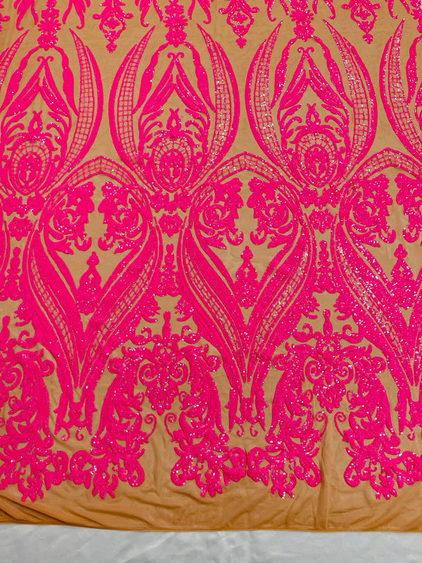 Big Damask Sequins Fabric - Hot Pink on Dark Nude - 4 Way Stretch Damask Sequins Design Fabric By Yard