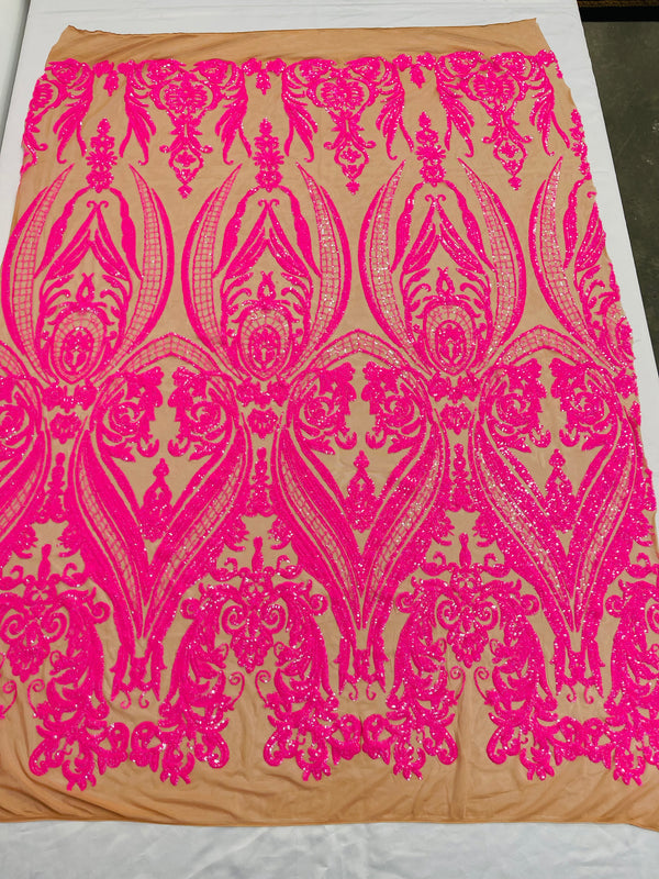 Big Damask Sequins Fabric - Hot Pink on Dark Nude - 4 Way Stretch Damask Sequins Design Fabric By Yard