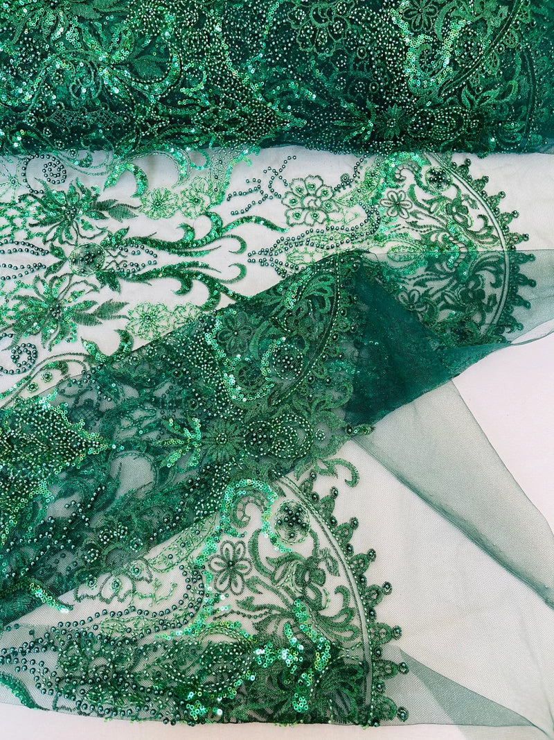 Beaded Fabric by yard - Hunter Green - Damask Pattern With Beads and Sequin, Appliqué Lace for Bridal and Prom Dress