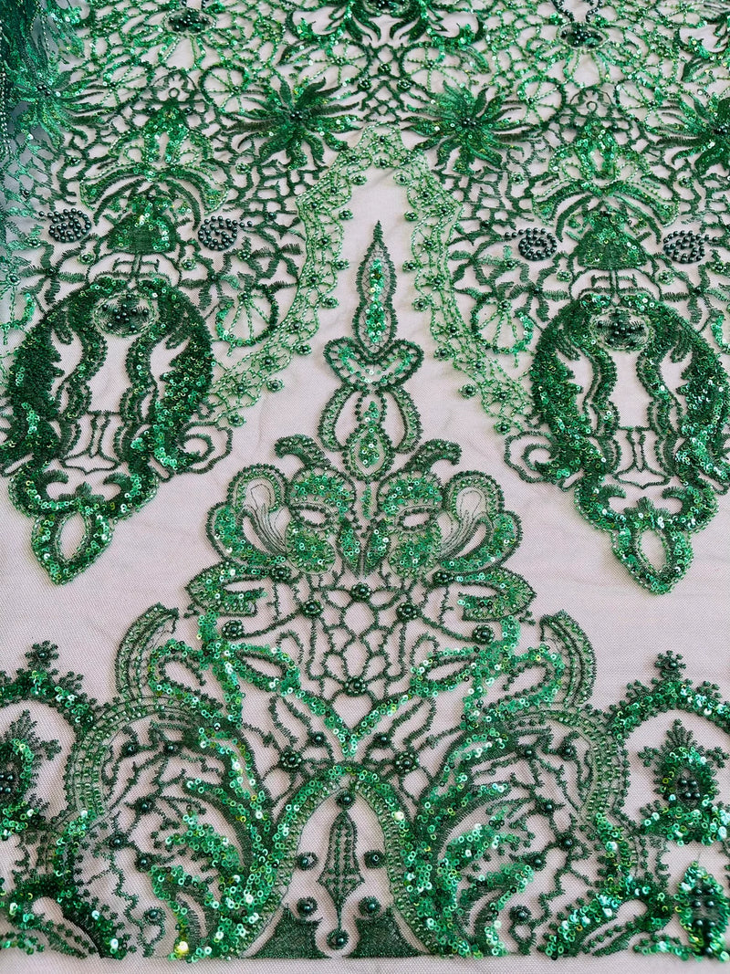Beaded Fabric by yard - Hunter Green - Damask Pattern With Beads and Sequin, Appliqué Lace for Bridal and Prom Dress