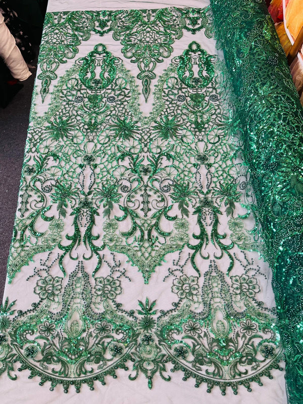 Beaded Fabric by yard - Hunter Green - Damask Pattern With Beads and Sequin, Appliqué Lace for Bridal and Prom Dress