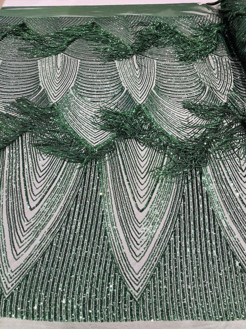 Hunter Green Fringe Sequins - Dangle 4 Way Stretch Fancy Sequins Fabric Sold By The Yard