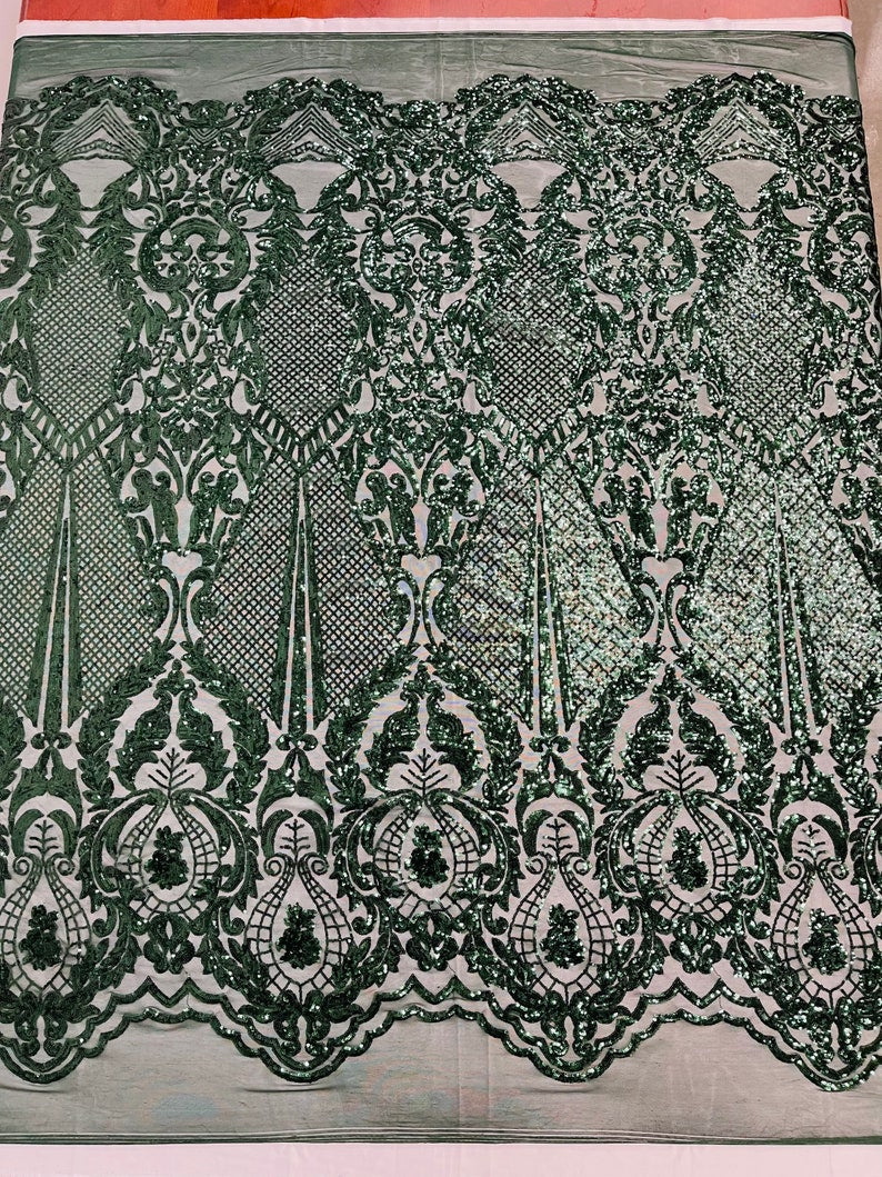 Hunter Green Sequins Fabric on Mesh, DAMASK Design Embroidered on a 4 way Stretch By The Yard