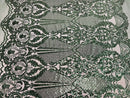 Hunter Green Sequins Fabric on Mesh, DAMASK Design Embroidered on a 4 way Stretch By The Yard