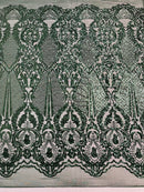 Hunter Green Sequins Fabric on Mesh, DAMASK Design Embroidered on a 4 way Stretch By The Yard