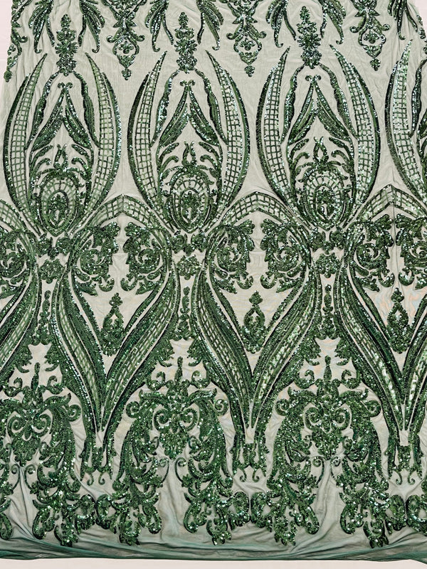 Big Damask Sequins Fabric - Hunter Green - 4 Way Stretch Damask Sequins Design Fabric By Yard