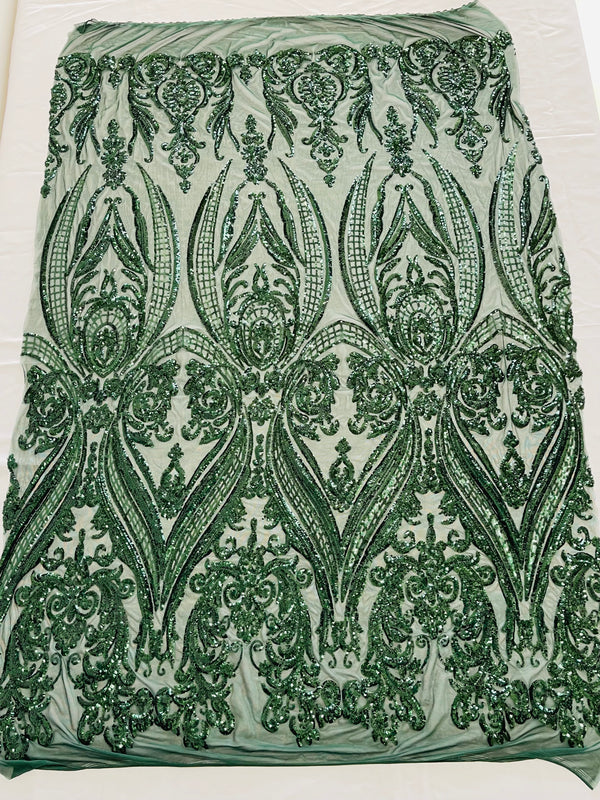 Big Damask Sequins Fabric - Hunter Green - 4 Way Stretch Damask Sequins Design Fabric By Yard